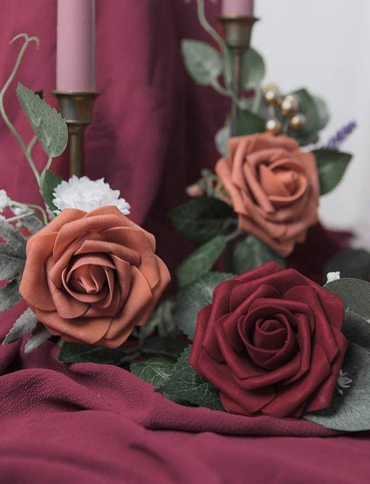 Artificial Flowers Real Looking Burgundy Foam Fake Roses with Stems for DIY Wedding Bouquets Bridal Shower Centerpieces Decorations - Decotree.co Online Shop