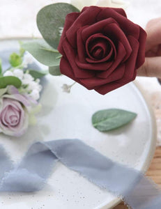 Artificial Flowers Real Looking Burgundy Foam Fake Roses with Stems for DIY Wedding Bouquets Bridal Shower Centerpieces Decorations - Decotree.co Online Shop