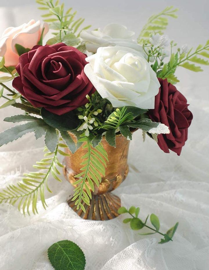 Artificial Flowers Real Looking Burgundy Foam Fake Roses with Stems for DIY Wedding Bouquets Bridal Shower Centerpieces Decorations - Decotree.co Online Shop