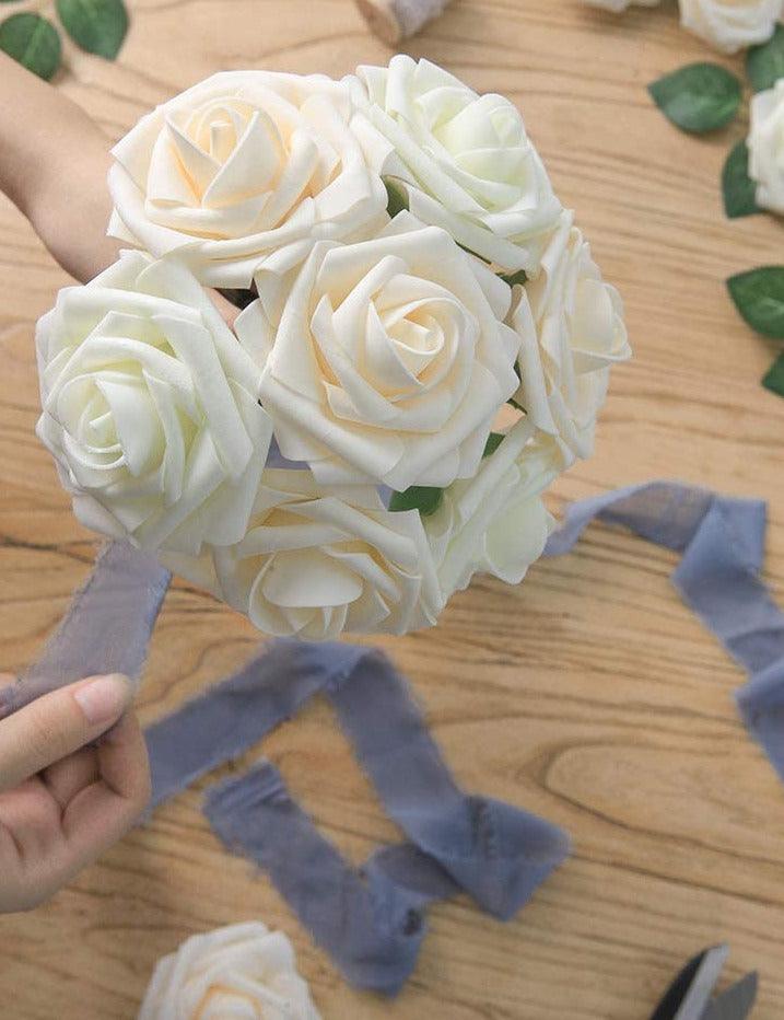 Artificial Flowers Real Looking Ivory Foam Fake Roses with Stems for DIY Wedding Bouquets White Baby Shower Centerpieces - Decotree.co Online Shop