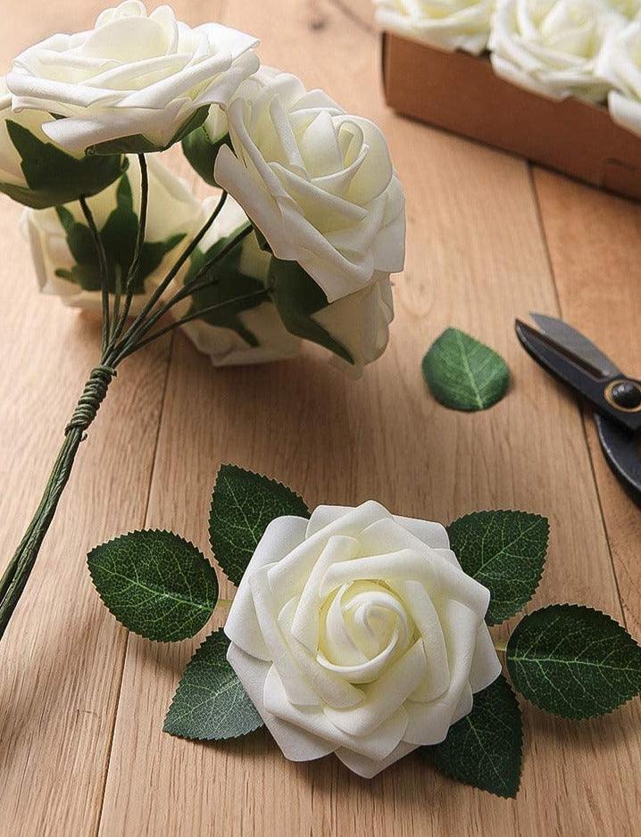 Artificial Flowers Real Looking Ivory Foam Fake Roses with Stems for DIY Wedding Bouquets White Baby Shower Centerpieces - Decotree.co Online Shop