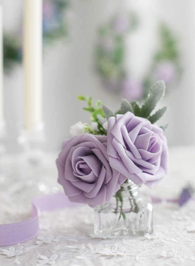 Artificial Flowers Real Looking Lilac Foam Fake Roses with Stems for DIY Wedding Bouquets Bridal Shower Centerpieces - Decotree.co Online Shop