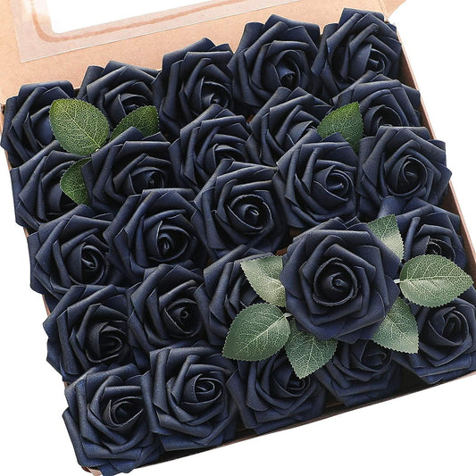 Artificial Flowers Real Looking Navy Blue Foam Fake Roses with Stems for DIY Wedding Bouquets Bridal Shower Centerpieces - Decotree.co Online Shop