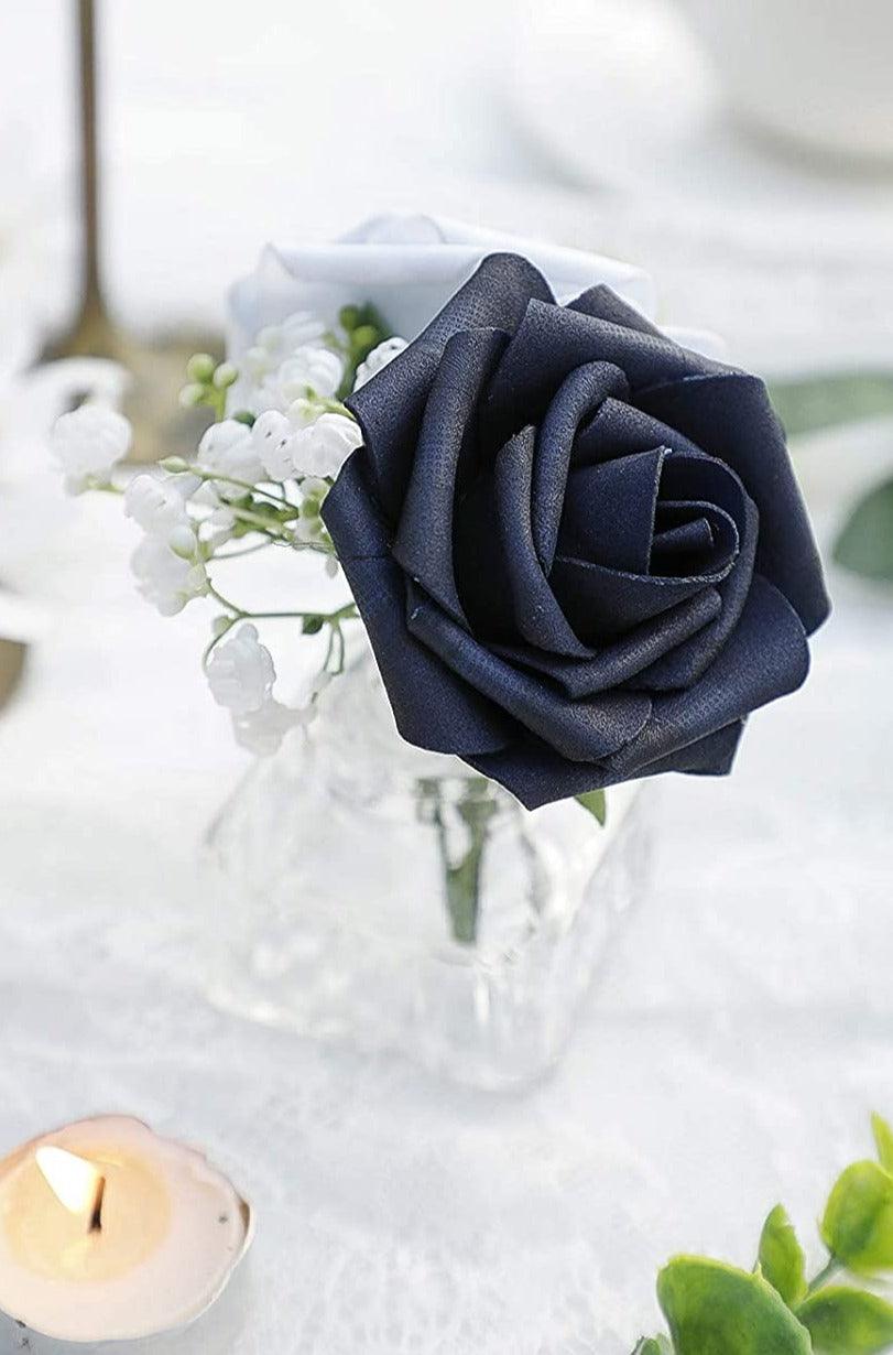 Artificial Flowers Real Looking Navy Blue Foam Fake Roses with Stems for DIY Wedding Bouquets Bridal Shower Centerpieces - Decotree.co Online Shop