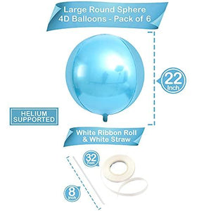 Big 22 Inch Blue Mylar Balloons - Pack of 6 | 360 Degree 4D Round Sphere metallic blue balloons | Light Blue Balloons for Baby Shark, Baby Shower, Gender Reveal - Decotree.co Online Shop