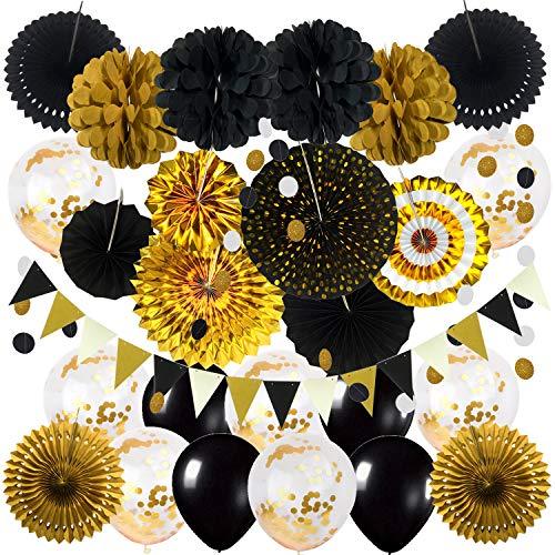 Black and Gold Party Decorations, Confetti Balloons Decorative Folding Fans Paper Pompoms Triangle Bunting Flags Garlands - Decotree.co Online Shop