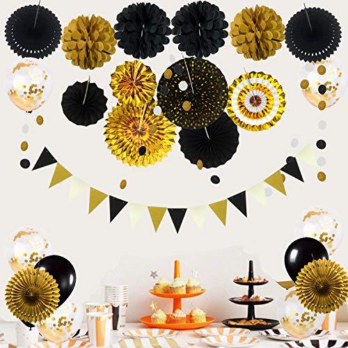 Black and Gold Party Decorations, Confetti Balloons Decorative Folding Fans Paper Pompoms Triangle Bunting Flags Garlands - Decotree.co Online Shop
