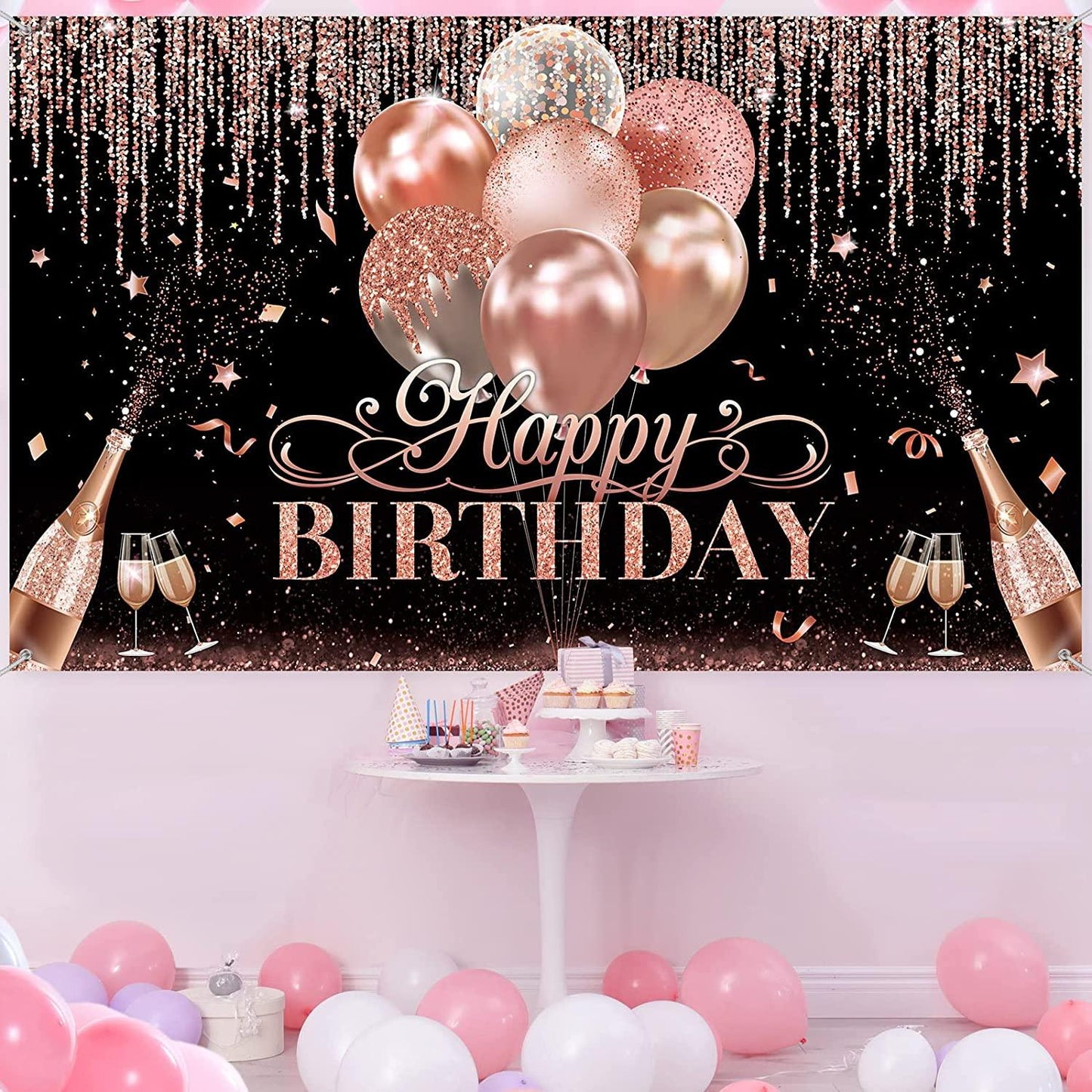 Black Silver Rose Gold Happy Birthday Party Decorations Glitter Balloon Birthday Party Backdrop for Women - Decotree.co Online Shop