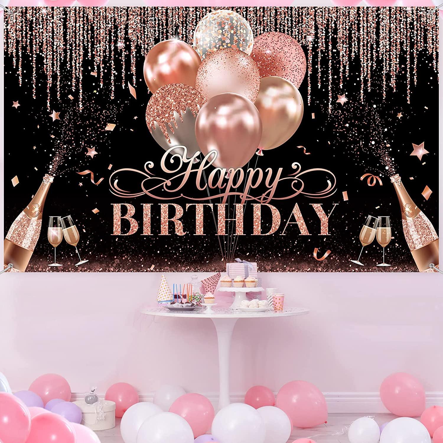 Black Silver Rose Gold Happy Birthday Party Decorations Glitter Balloon Birthday Party Backdrop for Women - Decotree.co Online Shop