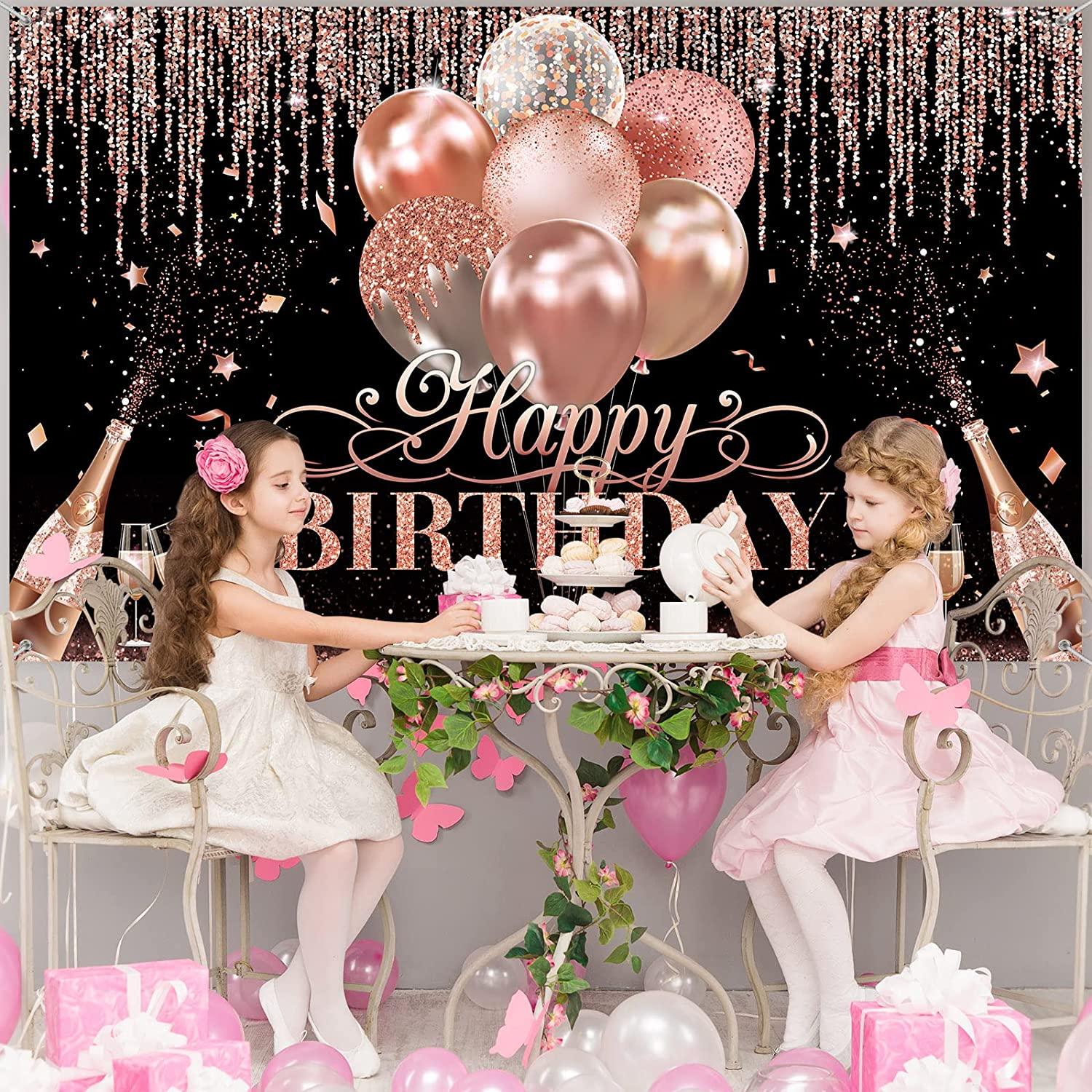 Black Silver Rose Gold Happy Birthday Party Decorations Glitter Balloon Birthday Party Backdrop for Women - Decotree.co Online Shop