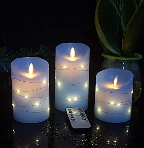 Blue flameless Candle with Embedded Light String, 3 LED Candles, 10-Key Remote Control, 24-Hour Timer Function - Decotree.co Online Shop