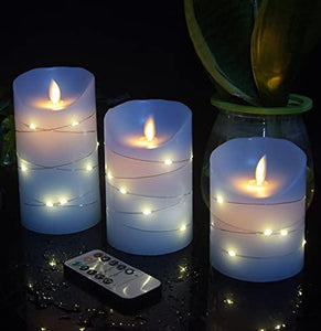 Blue flameless Candle with Embedded Light String, 3 LED Candles, 10-Key Remote Control, 24-Hour Timer Function - Decotree.co Online Shop