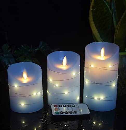 Blue flameless Candle with Embedded Light String, 3 LED Candles, 10-Key Remote Control, 24-Hour Timer Function - Decotree.co Online Shop