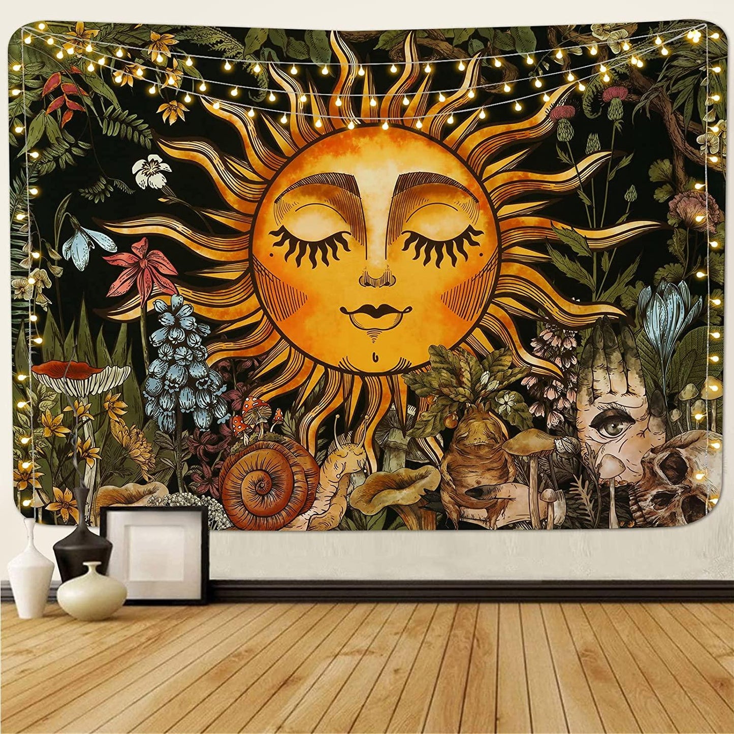 Burning Sun Tapestry Vintage Floral Tapestry Plants and Leaves Tapestries Mystic Hippie Tapestry Snail and Skull Tapestry Wall Hanging for Room(51.2 x 59.1 inches) - Decotree.co Online Shop