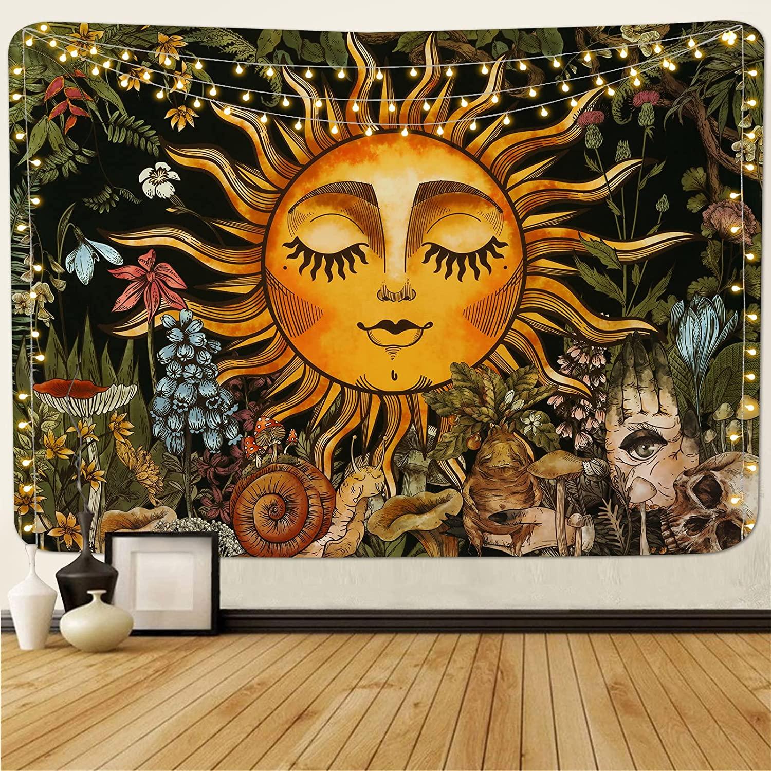 Burning Sun Tapestry Vintage Floral Tapestry Plants and Leaves Tapestries Mystic Hippie Tapestry Snail and Skull Tapestry Wall Hanging for Room(51.2 x 59.1 inches) - Decotree.co Online Shop