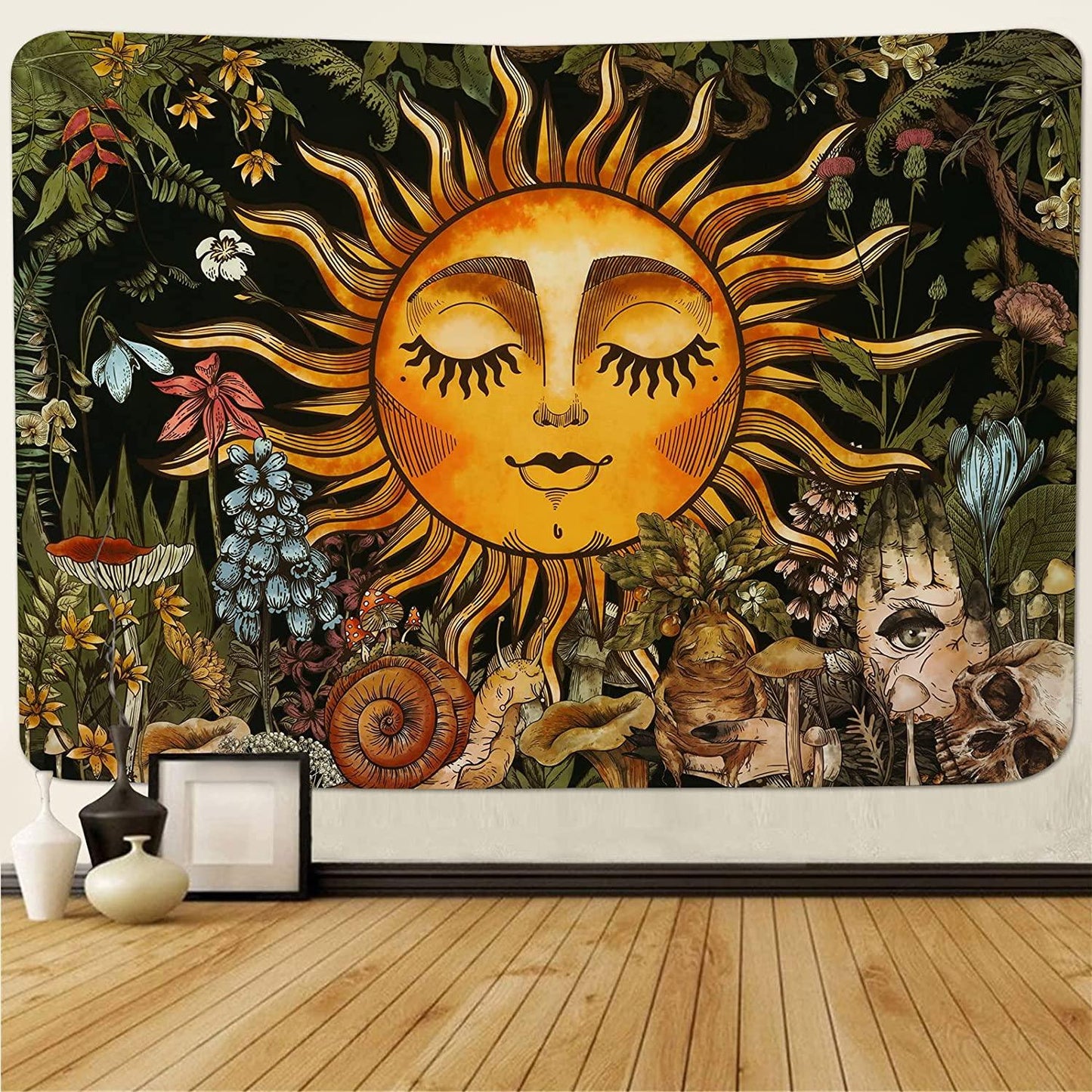 Burning Sun Tapestry Vintage Floral Tapestry Plants and Leaves Tapestries Mystic Hippie Tapestry Snail and Skull Tapestry Wall Hanging for Room(51.2 x 59.1 inches) - Decotree.co Online Shop