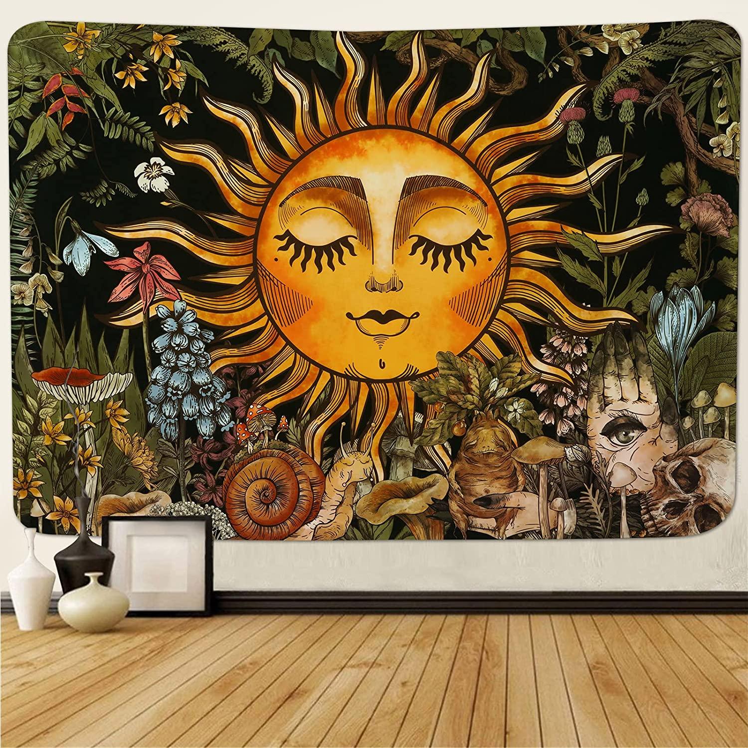 Burning Sun Tapestry Vintage Floral Tapestry Plants and Leaves Tapestries Mystic Hippie Tapestry Snail and Skull Tapestry Wall Hanging for Room(51.2 x 59.1 inches) - Decotree.co Online Shop
