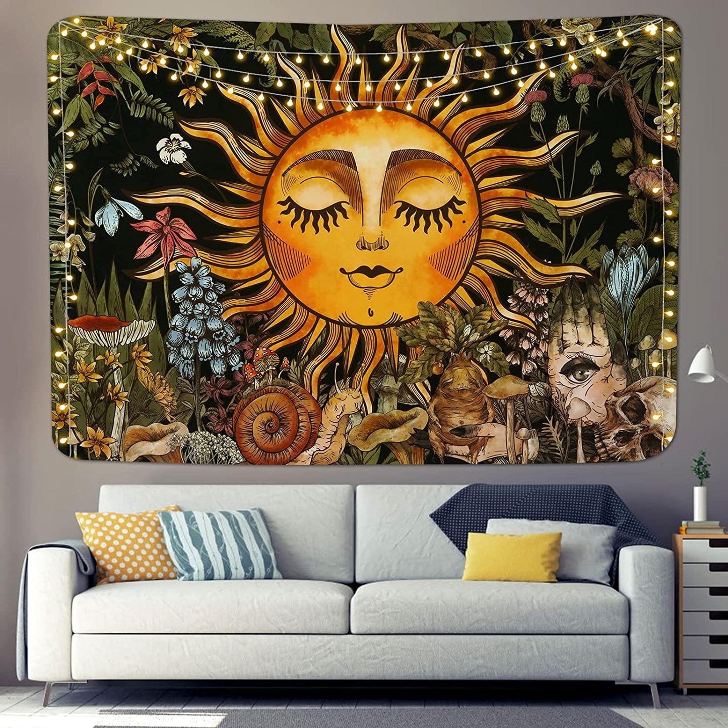 Burning Sun Tapestry Vintage Floral Tapestry Plants and Leaves Tapestries Mystic Hippie Tapestry Snail and Skull Tapestry Wall Hanging for Room(51.2 x 59.1 inches) - Decotree.co Online Shop