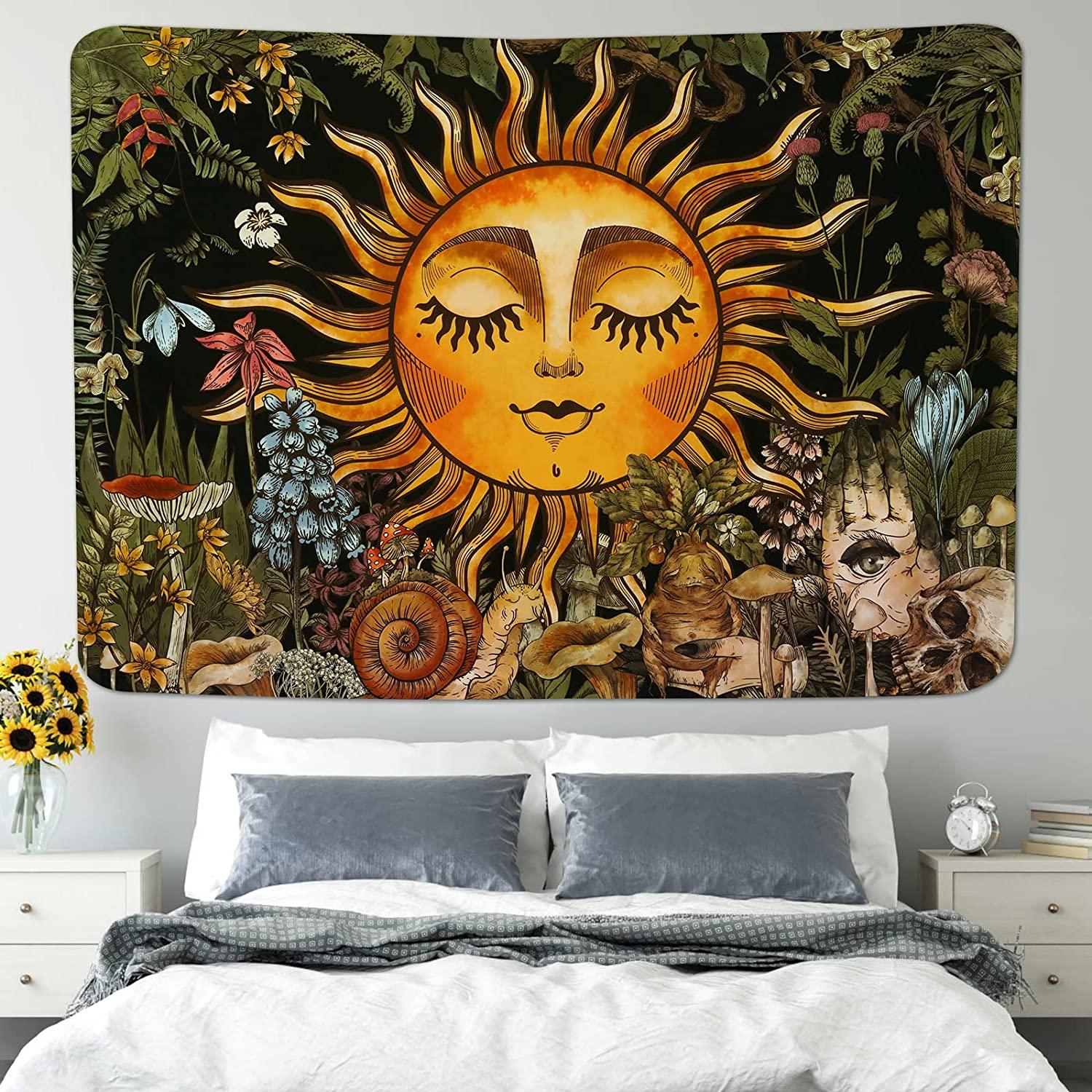 Burning Sun Tapestry Vintage Floral Tapestry Plants and Leaves Tapestries Mystic Hippie Tapestry Snail and Skull Tapestry Wall Hanging for Room(51.2 x 59.1 inches) - Decotree.co Online Shop