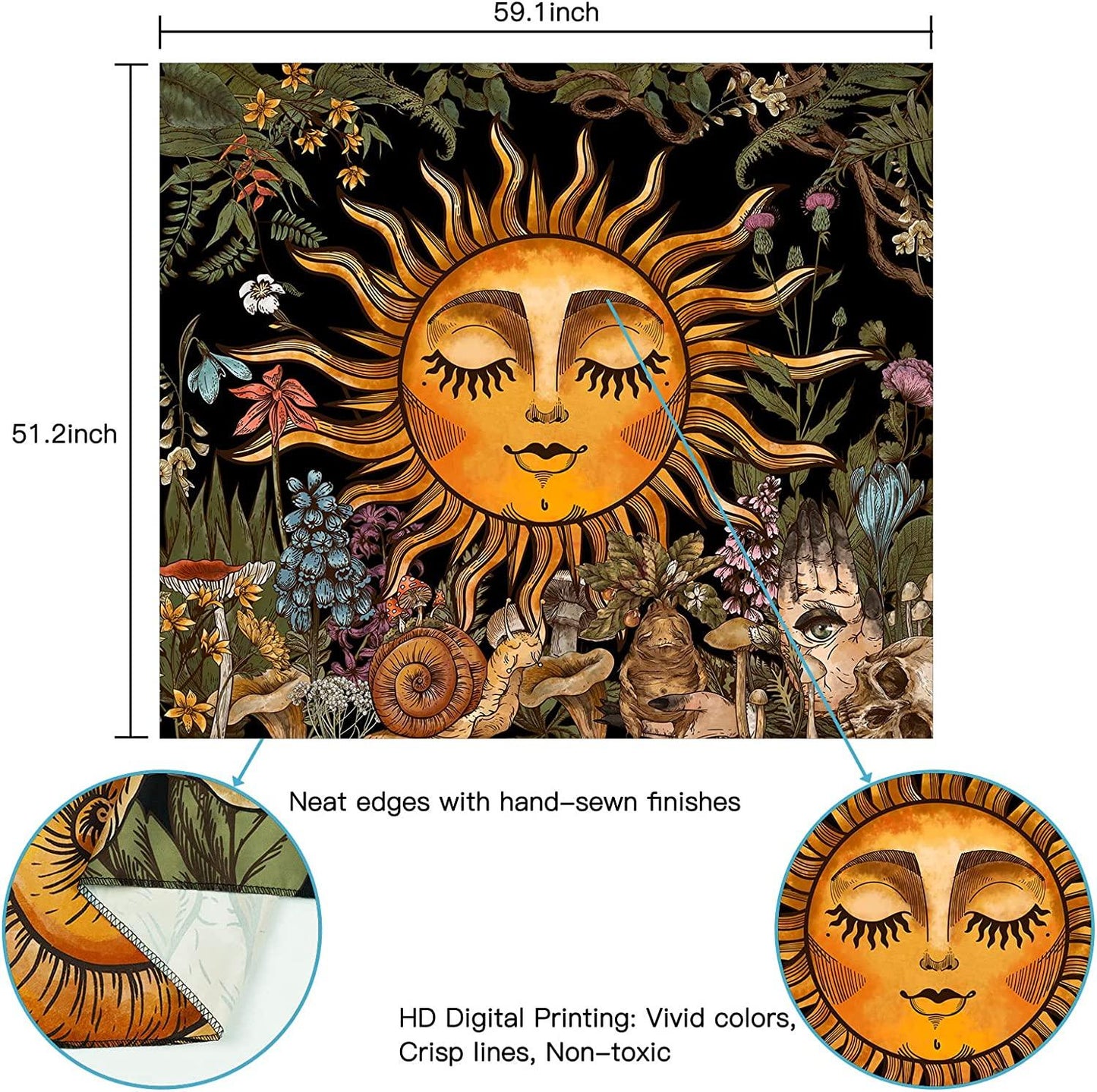 Burning Sun Tapestry Vintage Floral Tapestry Plants and Leaves Tapestries Mystic Hippie Tapestry Snail and Skull Tapestry Wall Hanging for Room(51.2 x 59.1 inches) - Decotree.co Online Shop