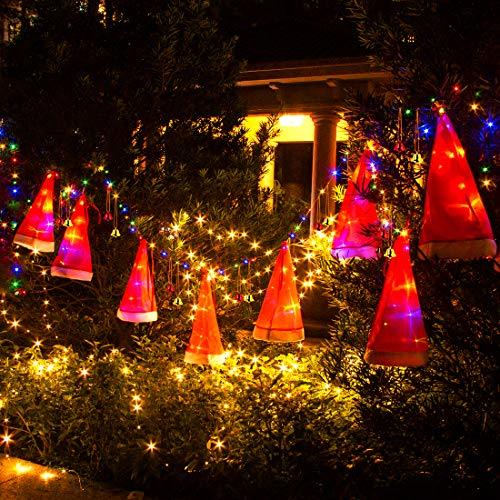 Christmas Decorations Outdoor 8Pcs Hanging Lighted Glowing Santa Hats with 14Pcs Small Décor Bells 33ft Christmas Lights String with 8 Lighting Modes - Decotree.co Online Shop
