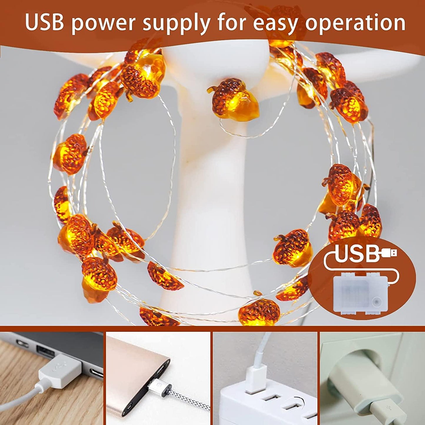 Christmas String Lights, Acorn 10ft Silver Wire 30 LED Battery Powered - Decotree.co Online Shop