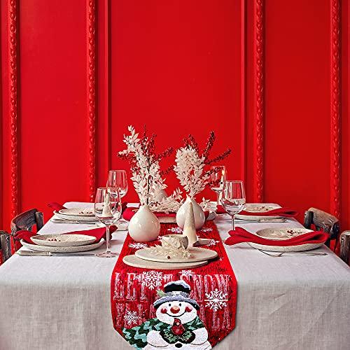 Christmas Table Runner Decoration, 13x70 inch Snowman Snowflake Embroidered Tablecloth, for Farmhouse Holiday Parties Dining Room Home Decor - Decotree.co Online Shop