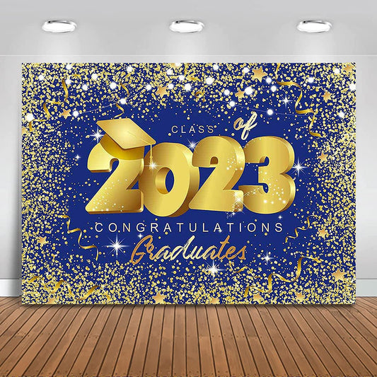 Class of 2023 Backdrop Royal Blue and Gold Glitter Congrats Grad Party Photo Backdrops - Decotree.co Online Shop
