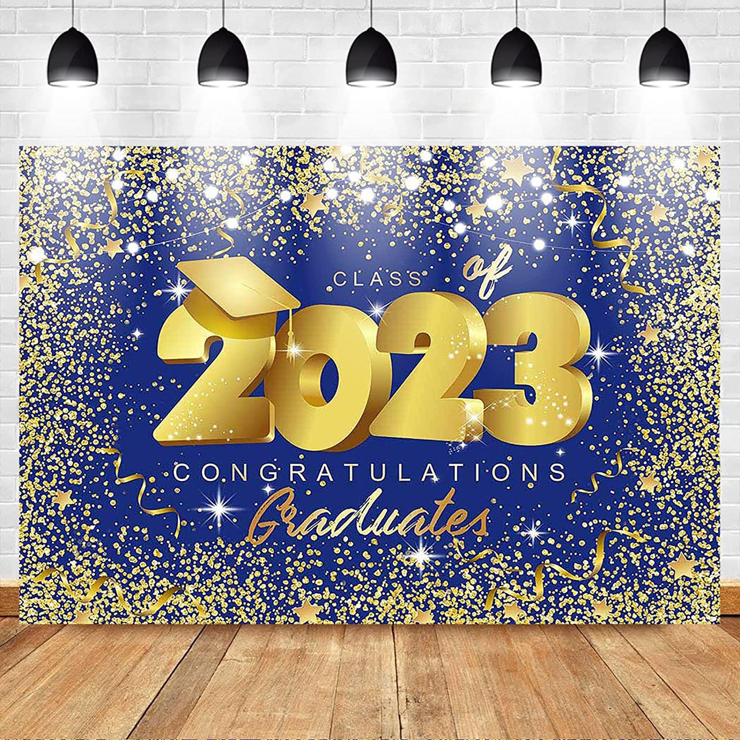 Class of 2023 Backdrop Royal Blue and Gold Glitter Congrats Grad Party Photo Backdrops - Decotree.co Online Shop