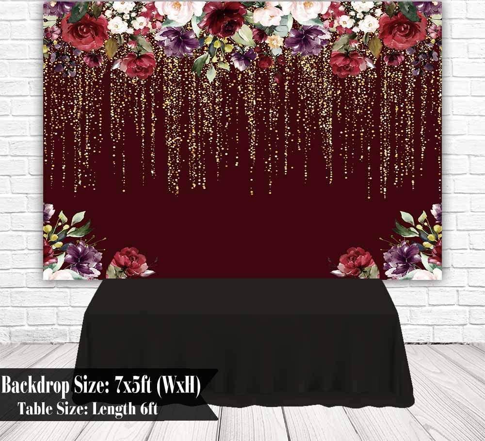 Durable Fabric Burgundy Red Flowers Backdrop No Wrinkles Golden Glitter Floral Birthday Party Photography - Decotree.co Online Shop