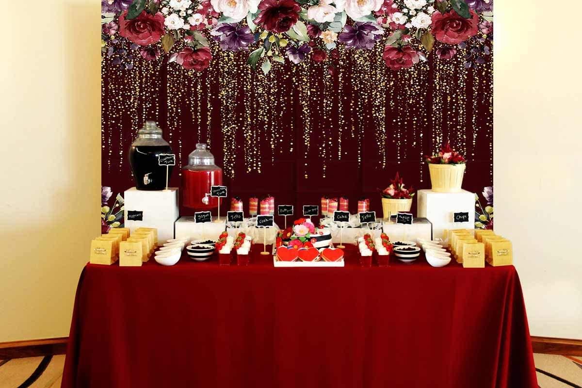 Durable Fabric Burgundy Red Flowers Backdrop No Wrinkles Golden Glitter Floral Birthday Party Photography - Decotree.co Online Shop