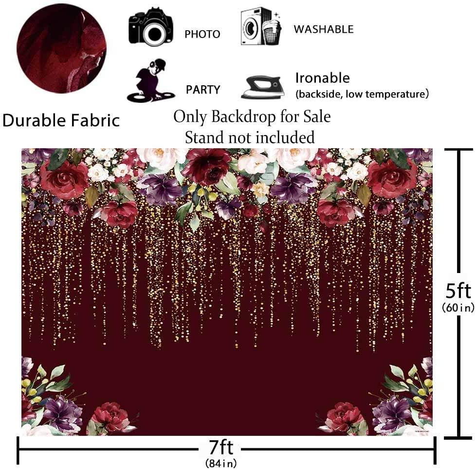 Durable Fabric Burgundy Red Flowers Backdrop No Wrinkles Golden Glitter Floral Birthday Party Photography - Decotree.co Online Shop
