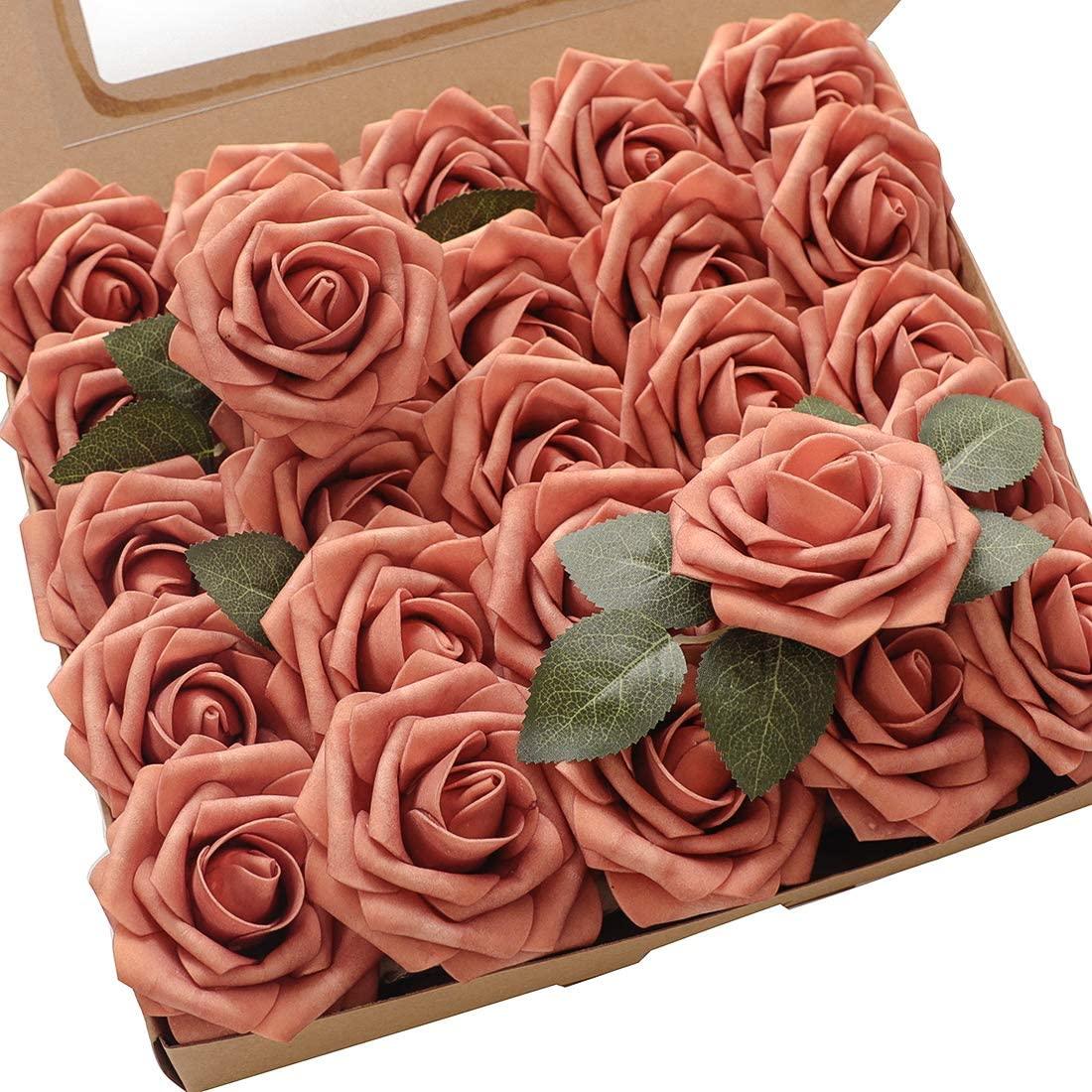 Dusty Cedar Foam Fake Roses with Stems for DIY Wedding Bouquets Bridal ...