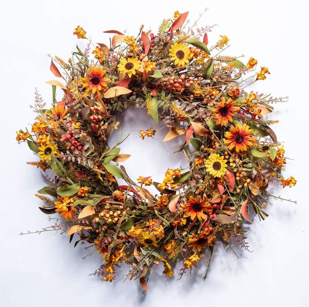 Fall Front Door Wreath,24ââ‚?Artificial Floral Wreath with Colorful Daisies - Decotree.co Online Shop