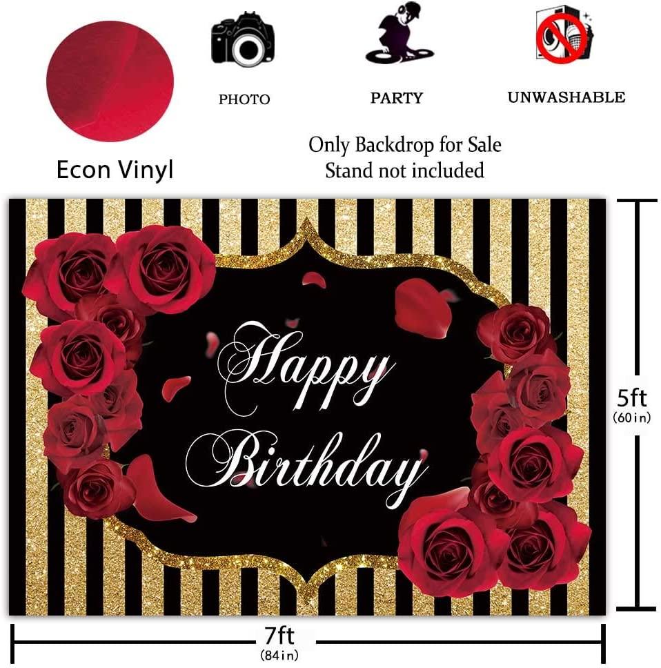 Floral Happy Birthday Party Backdrop Roses Flowers Black and God Stripes Girl Adult Photography Background - Decotree.co Online Shop