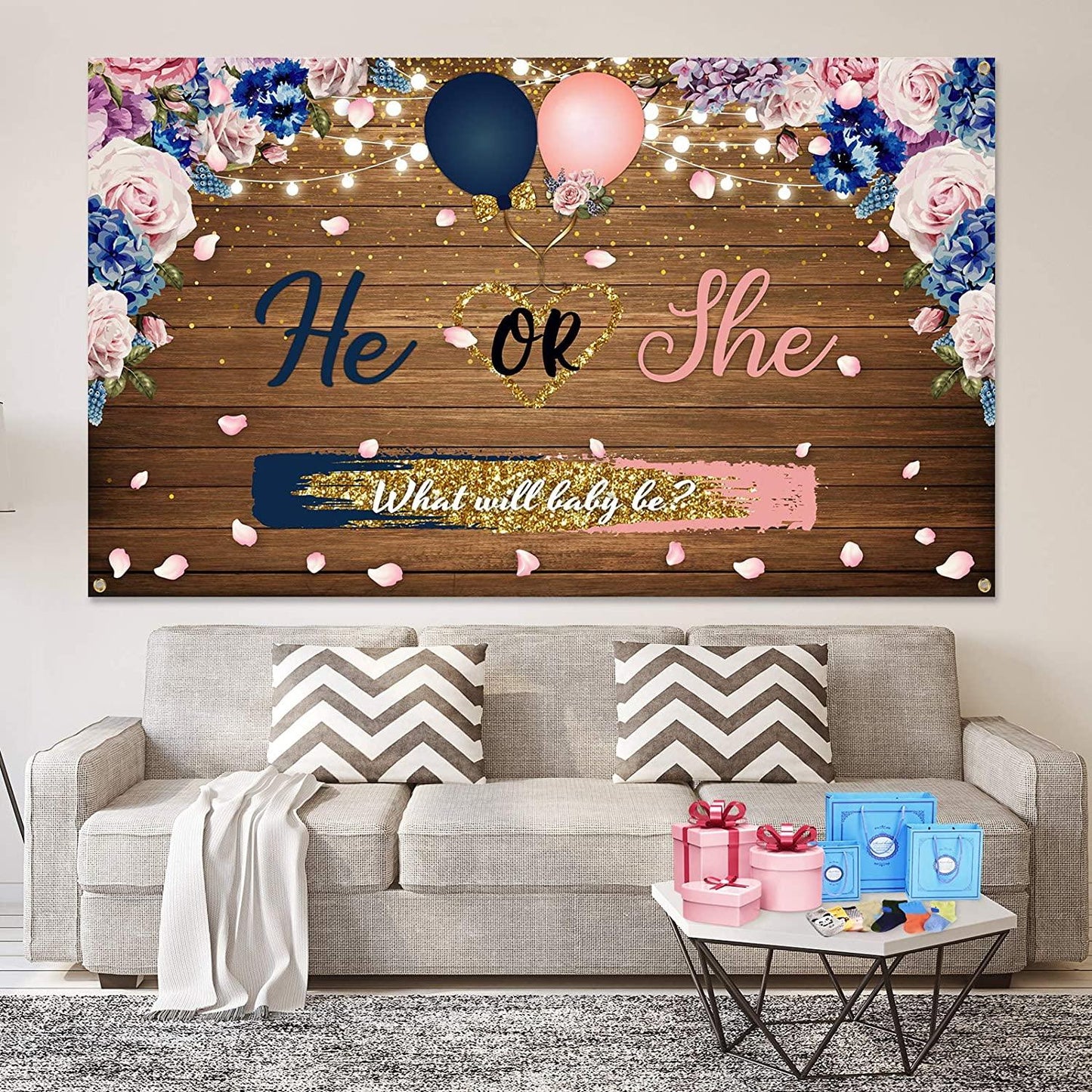 Gender Reveal Decorations Backdrop Banner He or She What Will Baby be Wooden Baby Gender Photography Background - Decotree.co Online Shop