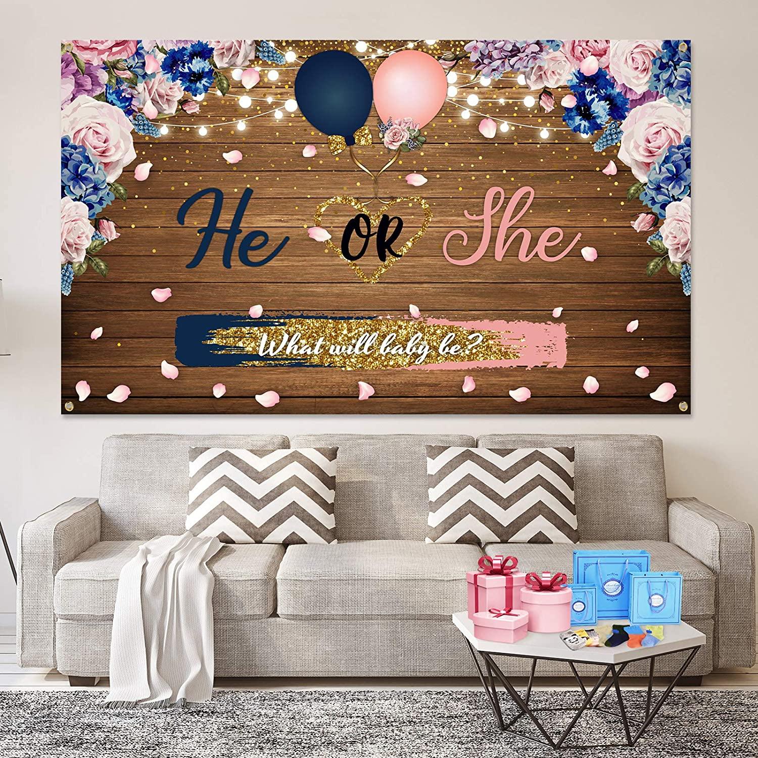 Gender Reveal Decorations Backdrop Banner He or She What Will Baby be Wooden Baby Gender Photography Background - Decotree.co Online Shop