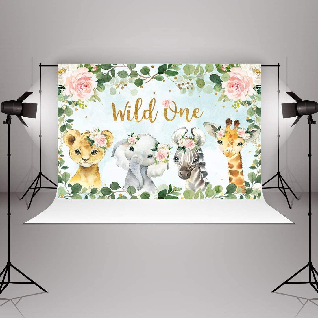 Girl Jungle Safari Animals Wild One Backdrop 1st Birthday Pink Floral Green Leaves Photography Background - Decotree.co Online Shop