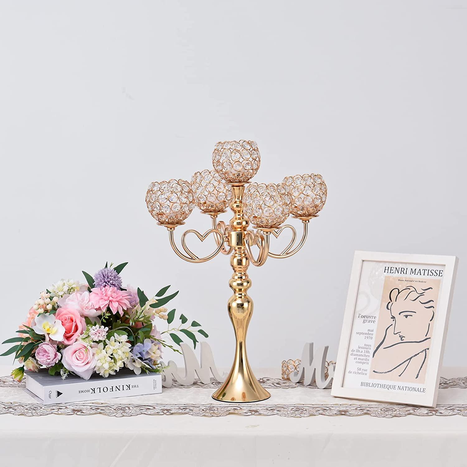 Gold Crystal Candle Holders 5 arm Candelabra Centerpiece for Wedding Table Decorations - Decotree.co Online Shop