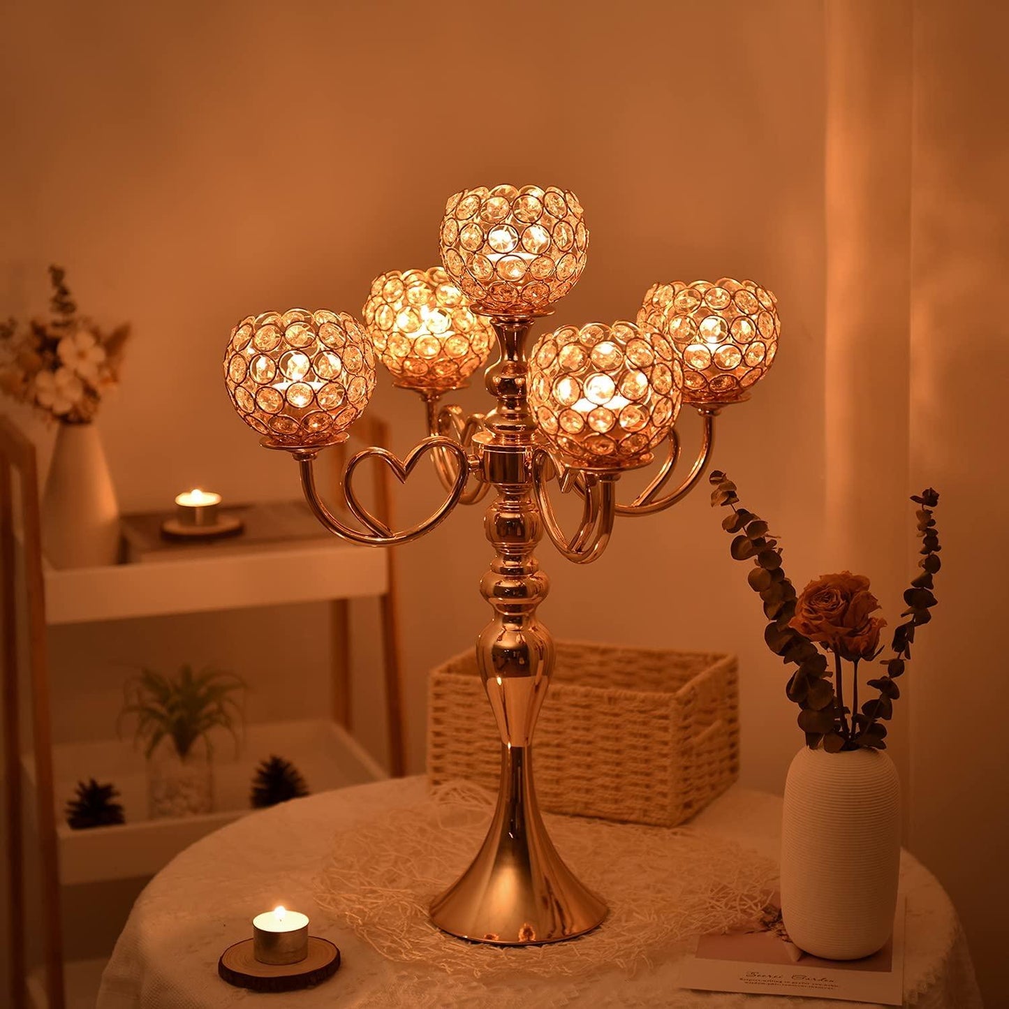 Gold Crystal Candle Holders 5 arm Candelabra Centerpiece for Wedding Table Decorations - Decotree.co Online Shop
