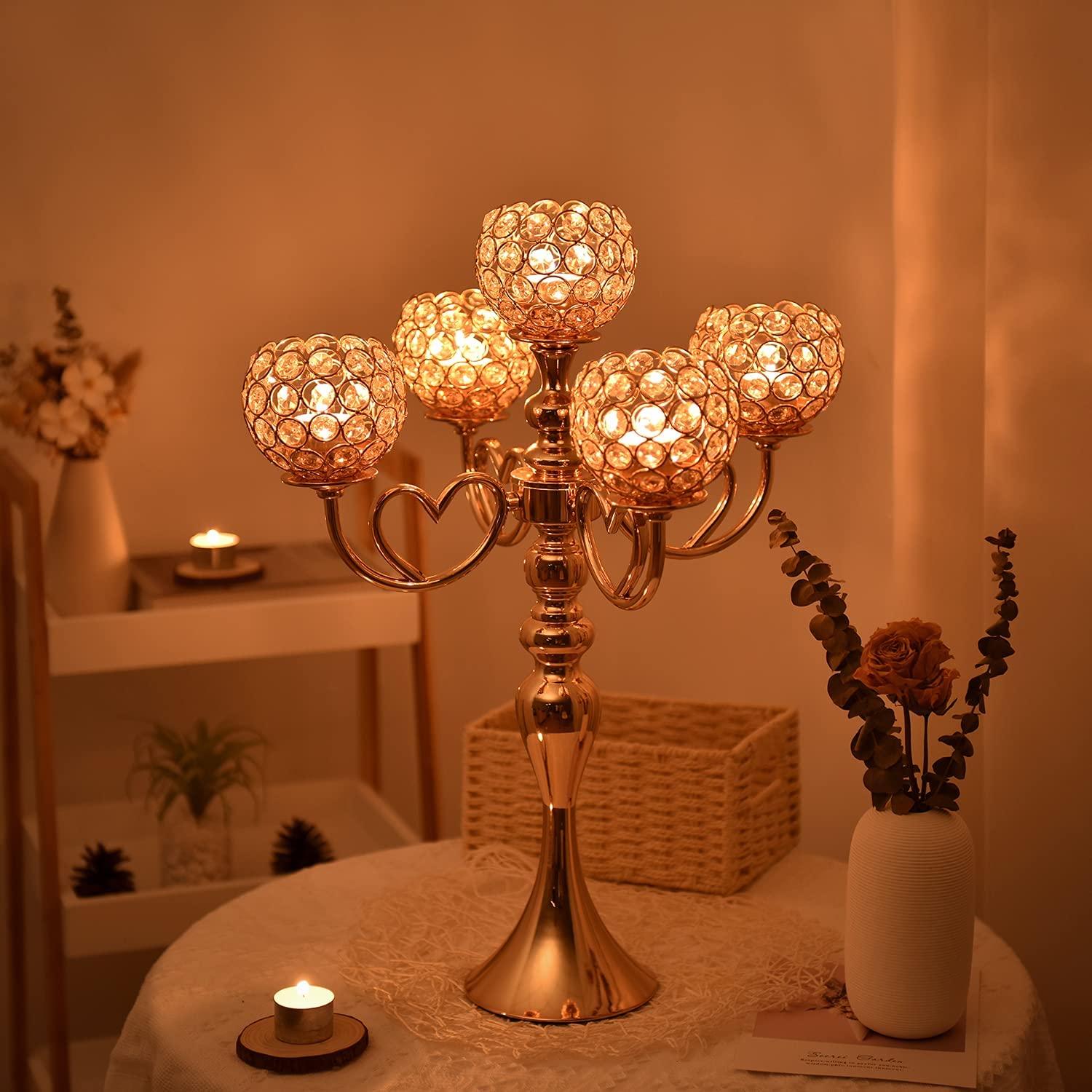 Gold Crystal Candle Holders 5 arm Candelabra Centerpiece for Wedding Table Decorations - Decotree.co Online Shop