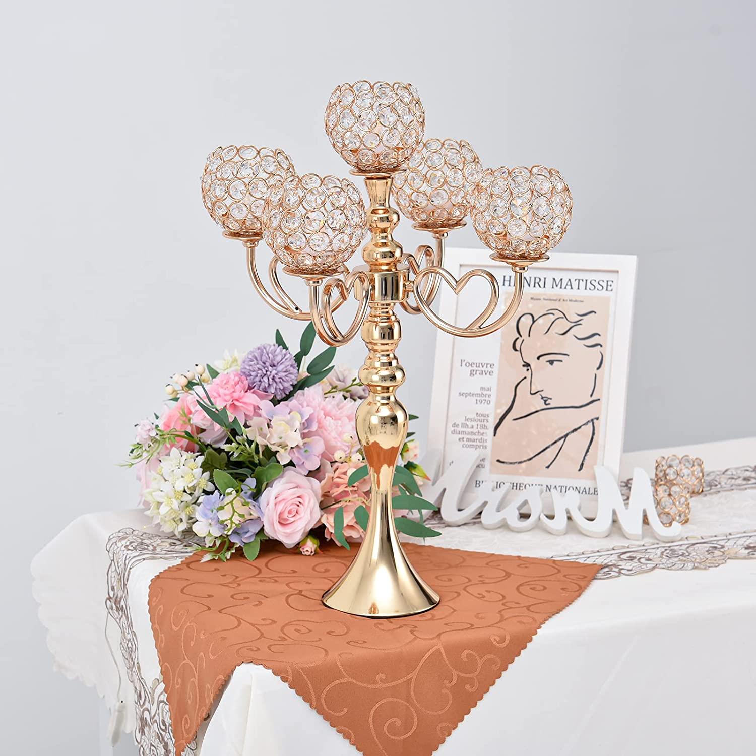 Gold Crystal Candle Holders 5 arm Candelabra Centerpiece for Wedding Table Decorations - Decotree.co Online Shop