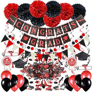 Graduation Decorations, Black and Red Congrats Grad Banner Paper Pompoms Hanging Swirls Graduation Confetti Paper Garland Party Balloons - Decotree.co Online Shop