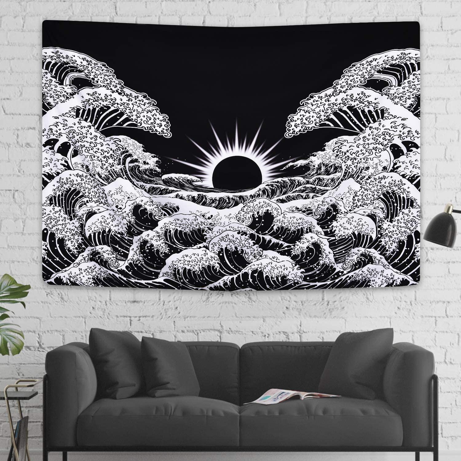 Great Wave Tapestry Sunset Tapestry Ocean Wave Tapestry Black and White Tapestry Wall Hanging for Room(59.1 x 59.1 inches) - Decotree.co Online Shop
