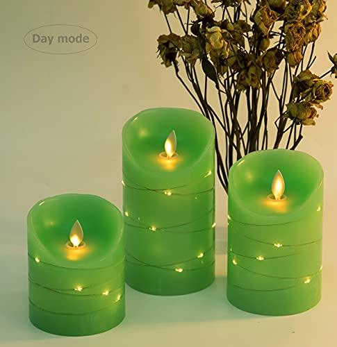 Green LED flameless Candle with Embedded Starlight String, 3 LED Candles, 10-Key Remote Control, 24-Hour Timer Function, Dancing Flame - Decotree.co Online Shop