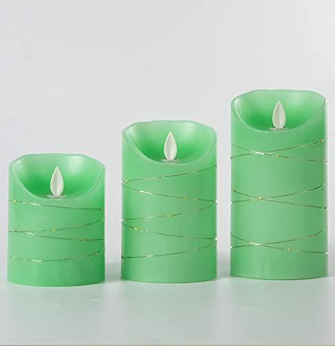 Green LED flameless Candle with Embedded Starlight String, 3 LED Candles, 10-Key Remote Control, 24-Hour Timer Function, Dancing Flame - Decotree.co Online Shop