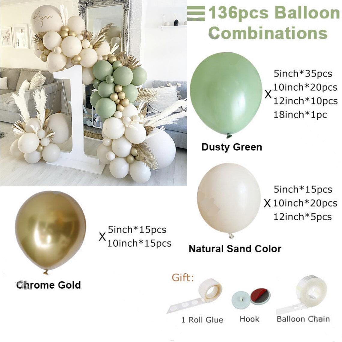 136pcs Birthday Balloons Arch Kit Party Decoration Sand White Gold Balloon Garland Sage Green Globos Baby Shower Decor Supplies - Decotree.co Online Shop
