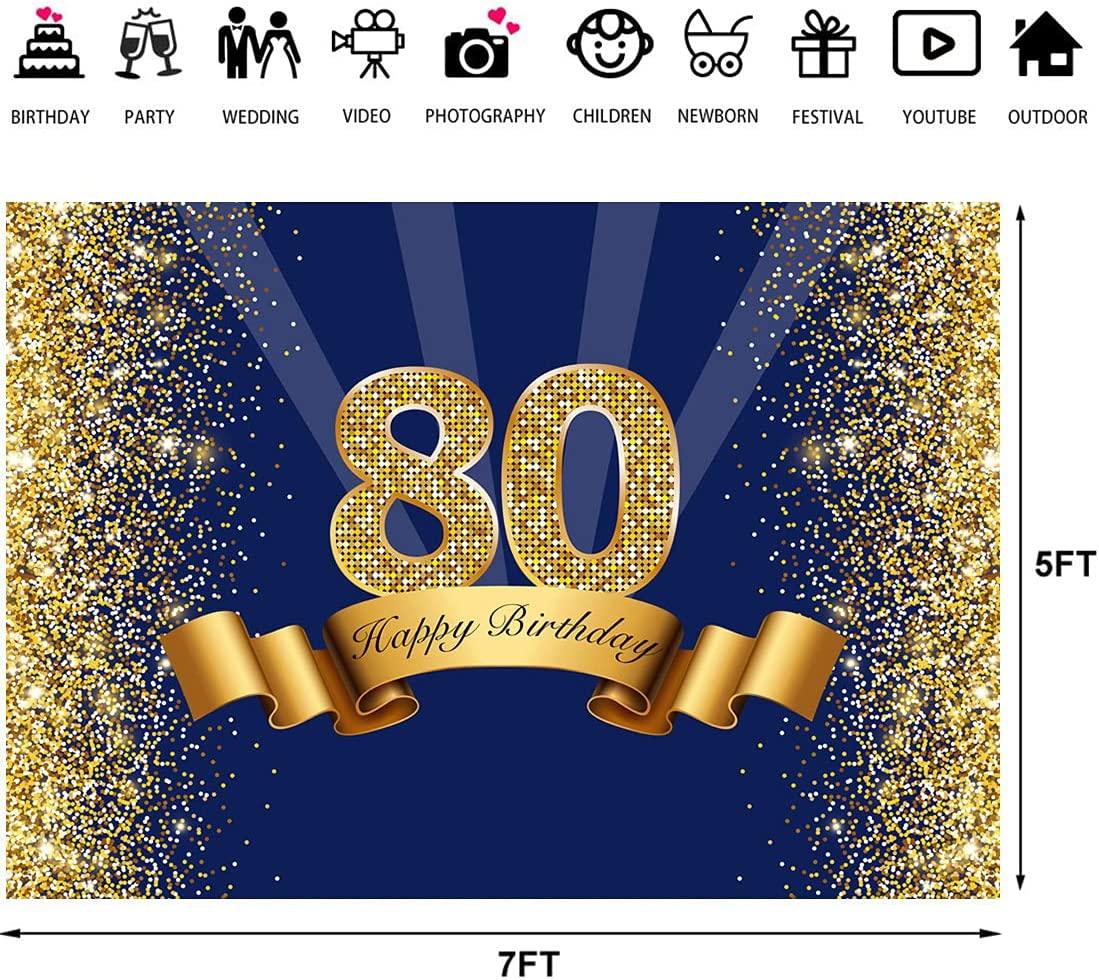 Happy 80th Birthday Photography Backdrop for Adult Men Navy Blue and Glitter Gold Eighty Years Old Background - Decotree.co Online Shop