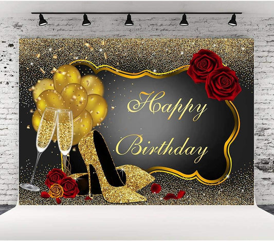 Happy Birthday Backdrop Glitter Gold Red Rose Floral Golden Balloons Heels Champagne Glass Background - Decotree.co Online Shop