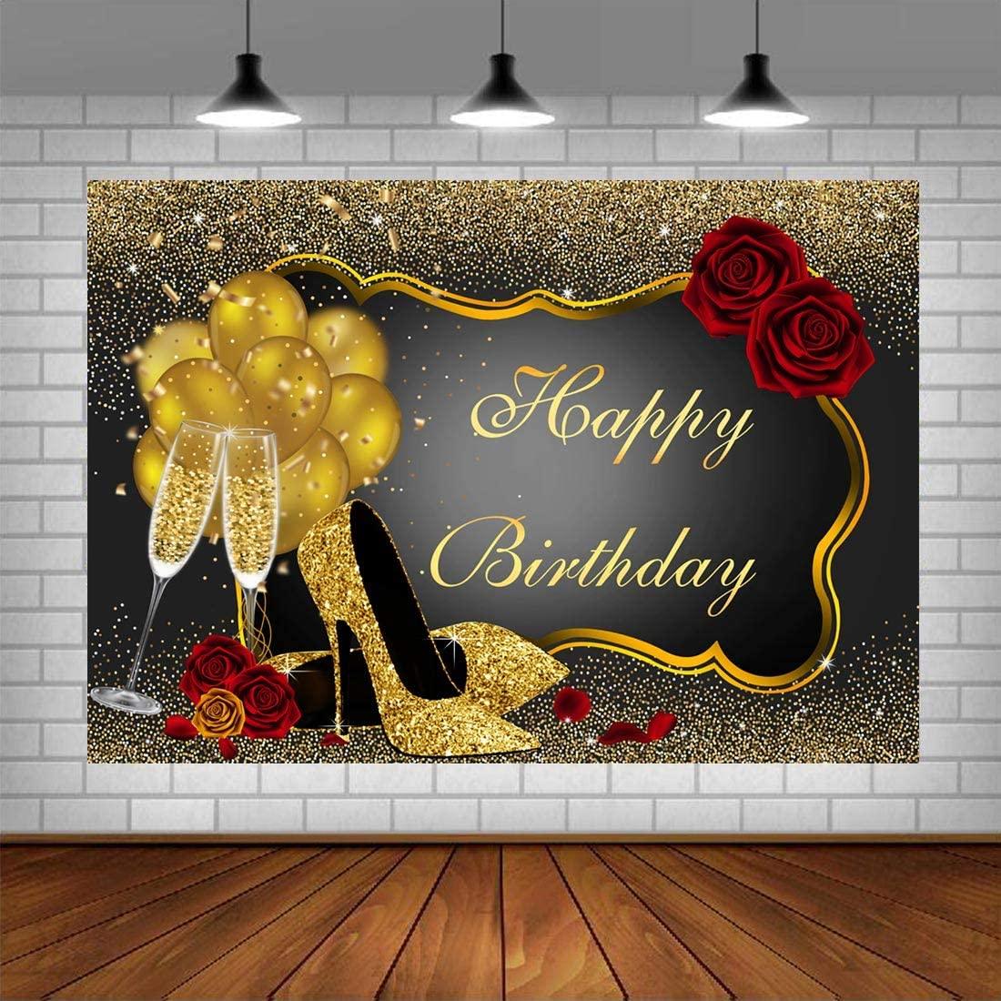 Happy Birthday Backdrop Glitter Gold Red Rose Floral Golden Balloons Heels Champagne Glass Background - Decotree.co Online Shop